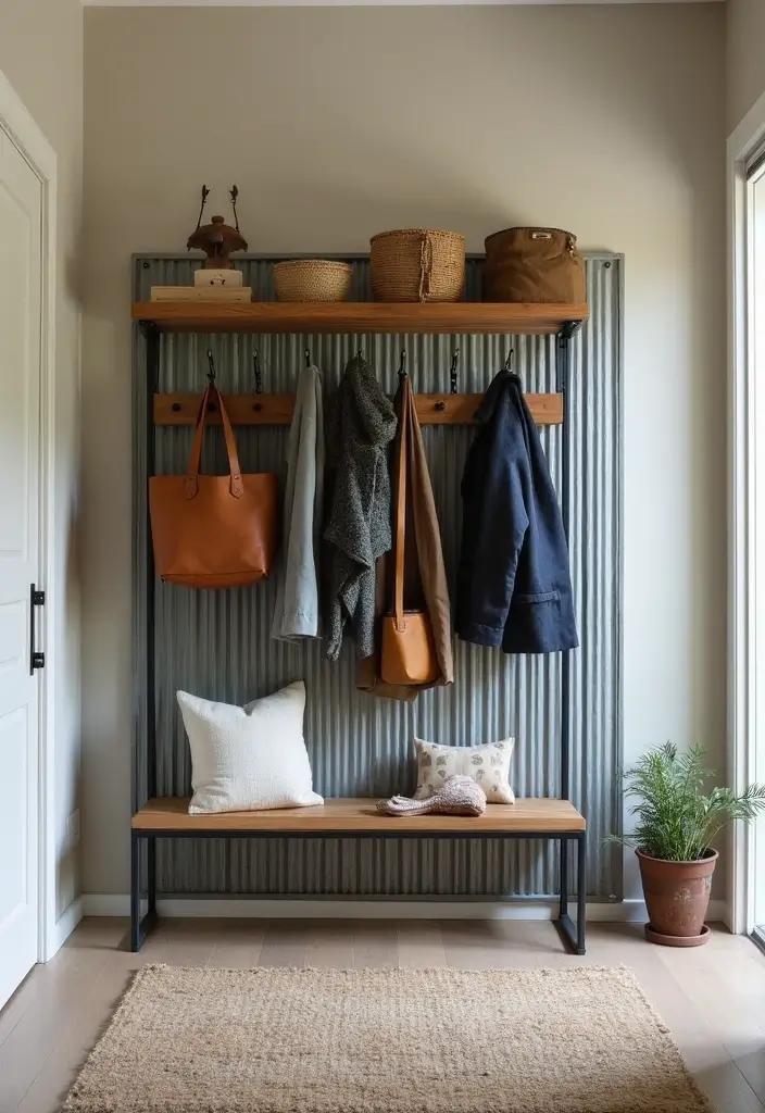 25 Corrugated Metal Decor Ideas With Industrial Aesthetic - 23. Corrugated Metal Coat Rack