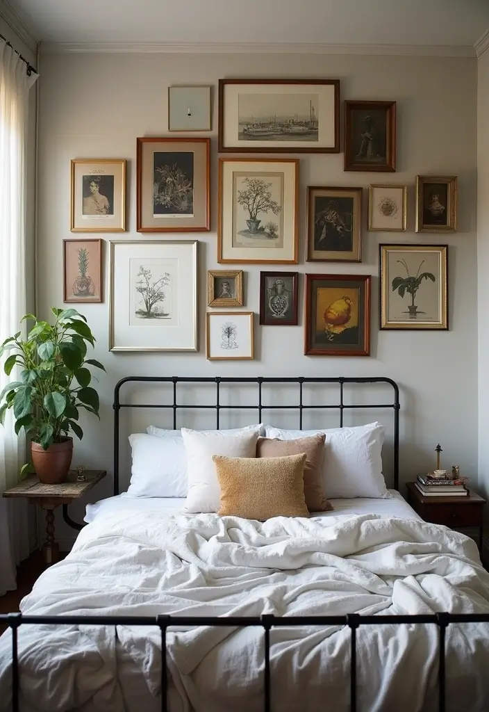 25 Metal Bed Frame Decor Ideas for Cozy Bedrooms - 10. Eclectic Gallery Wall