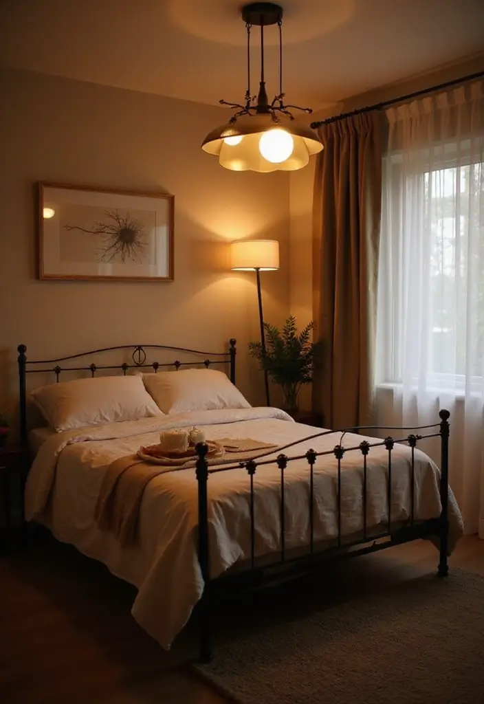 25 Metal Bed Frame Decor Ideas for Cozy Bedrooms - 13. Statement Lighting Fixtures