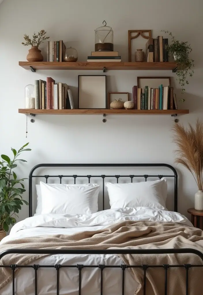 25 Metal Bed Frame Decor Ideas for Cozy Bedrooms - 18. Integrate Open Shelving