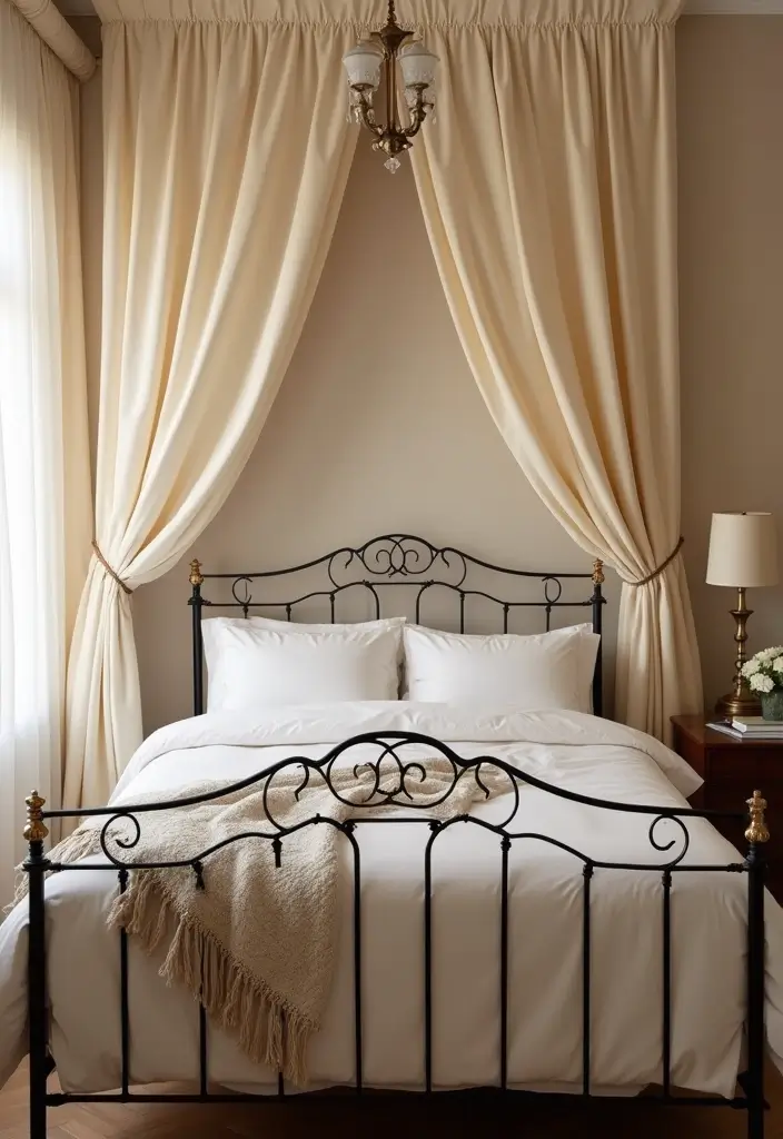 25 Metal Bed Frame Decor Ideas for Cozy Bedrooms - 19. Soft Drapery Accents