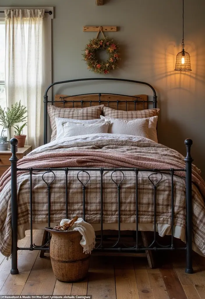 25 Metal Bed Frame Decor Ideas for Cozy Bedrooms - 5. Rustic Farmhouse Charm