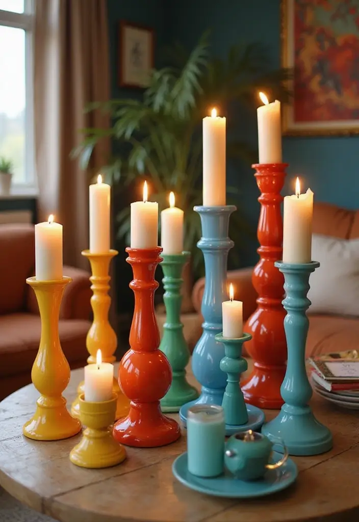 25 Metal Candle Holder Decor Ideas That Glow With Style - 15. Candle Holders with Colorful Finishes