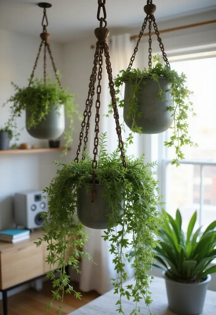 25 Metal Wall Planter Decor Ideas To Bring Nature Indoors - 6. Hanging Metal Planters on Chains