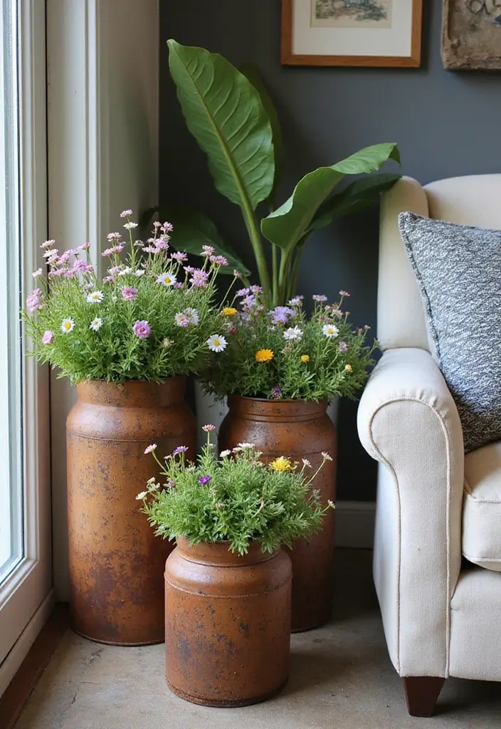 25 Metal Wall Planter Decor Ideas To Bring Nature Indoors - 7. Rusty Metal Planters for a Vintage Look