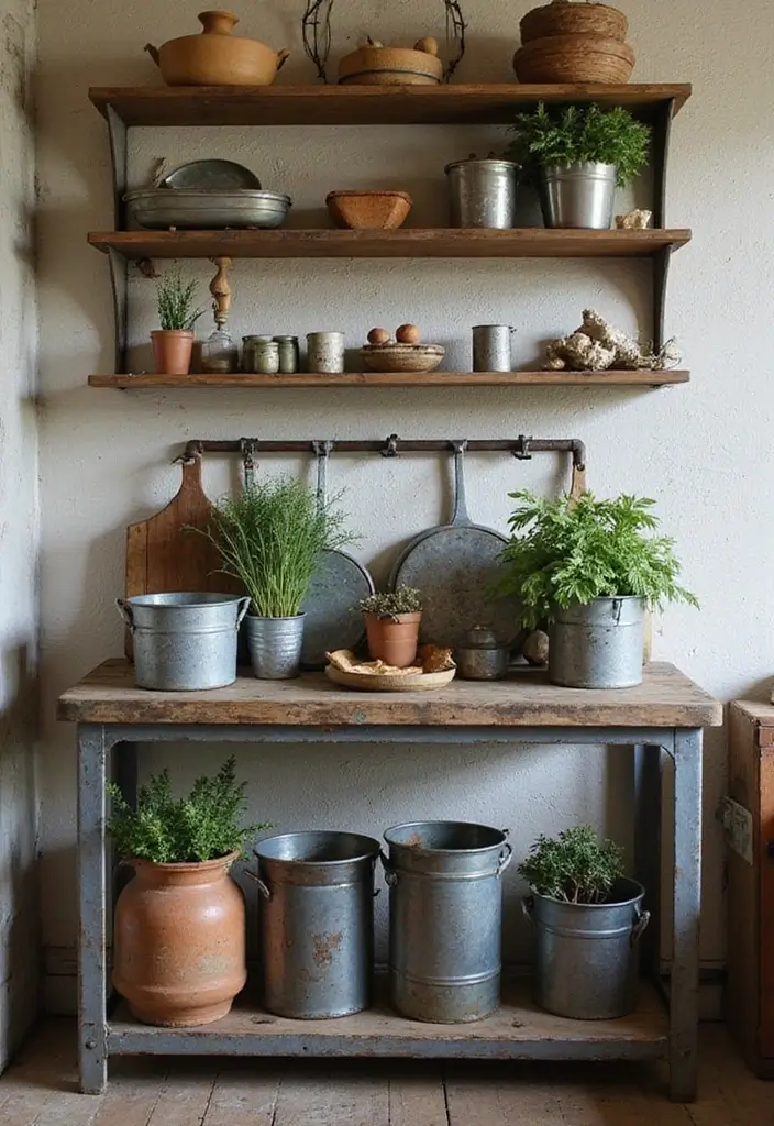 26 Kitchen Decor Ideas With Metal Pots That Feel Rustic 34 26 Kitchen Decor Ideas With Metal Pots That Feel Rustic - 10. Farmhouse-Style Potting Bench