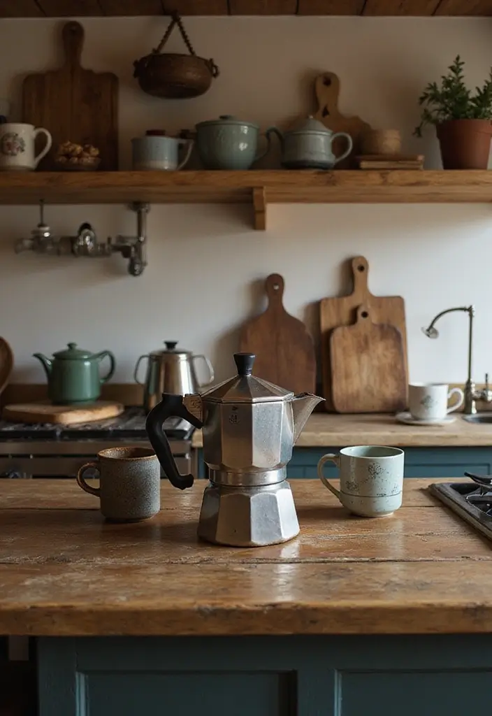 26 Kitchen Decor Ideas With Metal Pots That Feel Rustic 56 26 Kitchen Decor Ideas With Metal Pots That Feel Rustic - 18. Vintage Coffee Pot Display