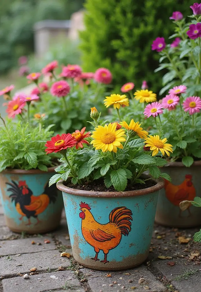 26 Metal Chicken Coop Decor Ideas For Farmhouse Lovers - 13. Rustic Planters with Chicken Motifs