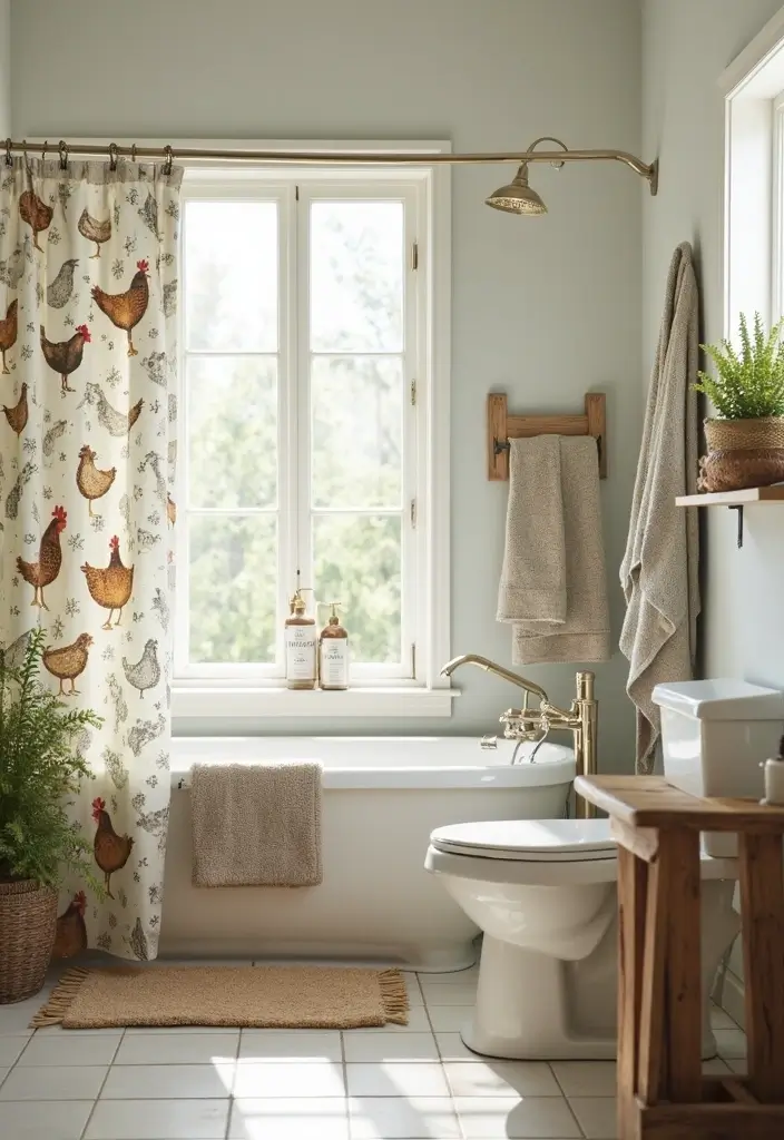 26 Metal Chicken Coop Decor Ideas For Farmhouse Lovers - 23. Chicken-Themed Bath Decor