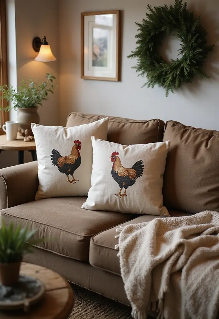 26 Metal Chicken Coop Decor Ideas For Farmhouse Lovers - 5. Chicken-Themed Throw Pillows