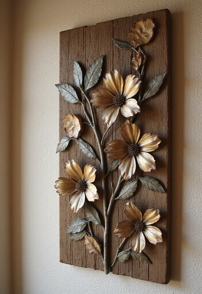 26 Metal Flower Wall Decor Ideas That Bloom Indoors 30 26 Metal Flower Wall Decor Ideas That Bloom Indoors - 14. Rustic Flower Panels with Wood Accents
