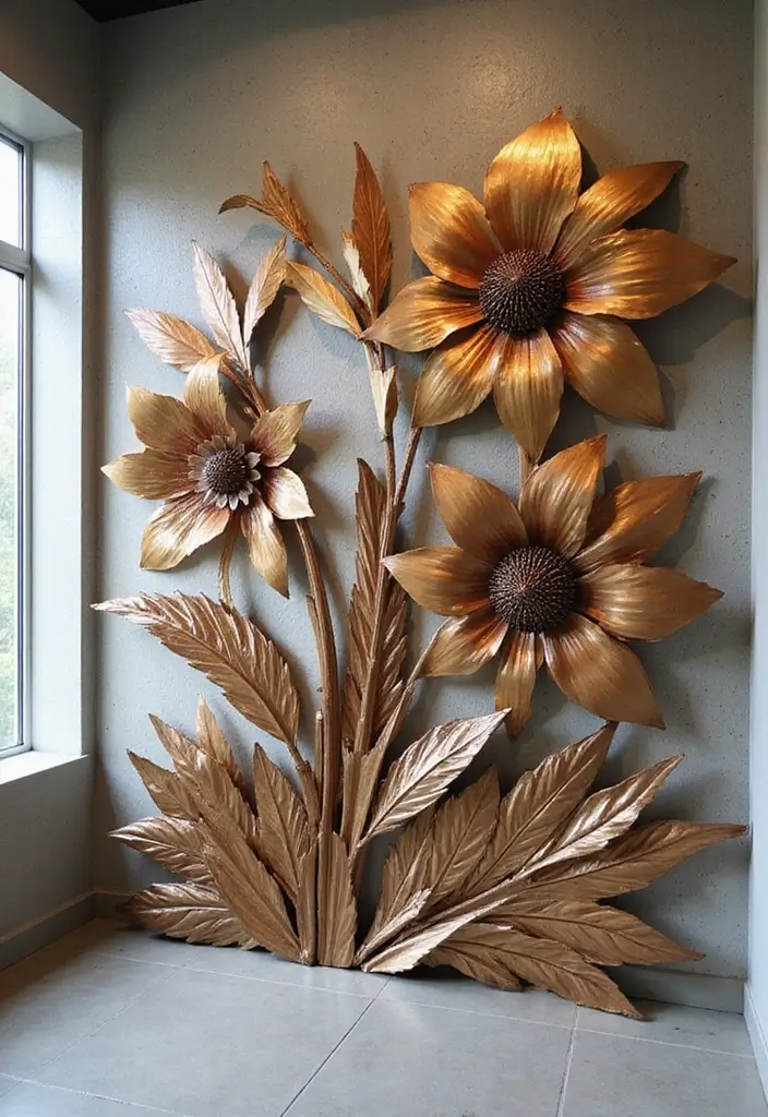 26 Metal Flower Wall Decor Ideas That Bloom Indoors 21 26 Metal Flower Wall Decor Ideas That Bloom Indoors - 7. Layered Metal Flower Panels