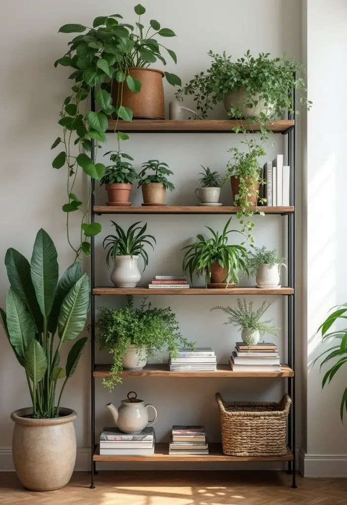 26 Metal Wall Shelf Decor Ideas For Minimalist Homes - 6. Rustic Metal Ladder Shelves