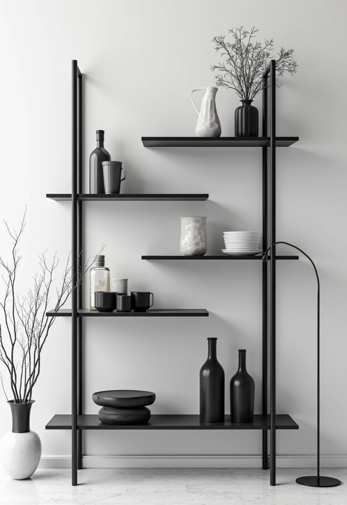 26 Metal Wall Shelf Decor Ideas For Minimalist Homes - 7. Monochrome Metal Shelving