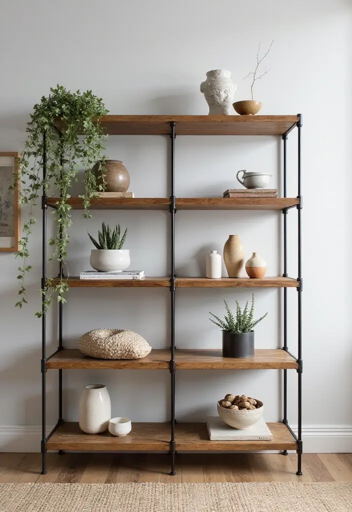 26 Metal Wall Shelf Decor Ideas For Minimalist Homes - 9. Metal and Wood Combos