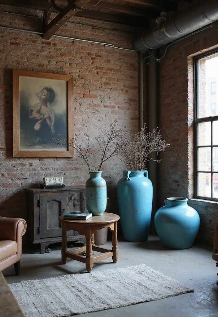 27 Blue Metal Vase Decor Ideas That Stand Out - 12. Industrial Fusion