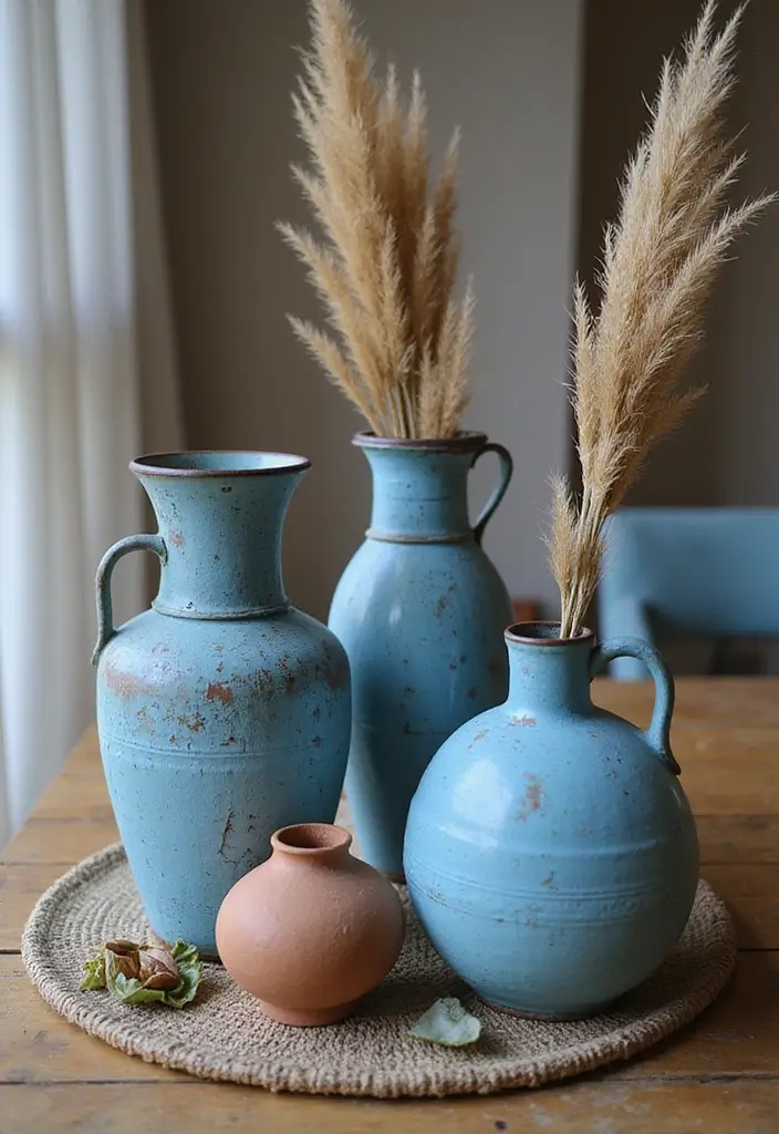 27 Blue Metal Vase Decor Ideas That Stand Out - 22. Celebrate Texture with Mixed Media