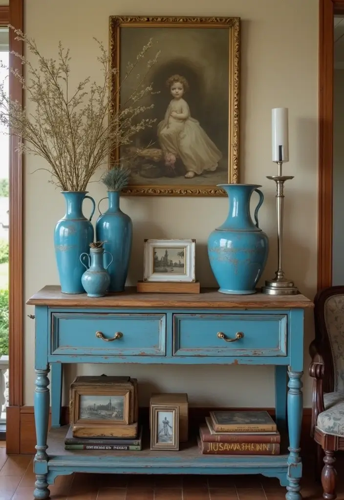 27 Blue Metal Vase Decor Ideas That Stand Out - 3. Vintage Charm with a Twist