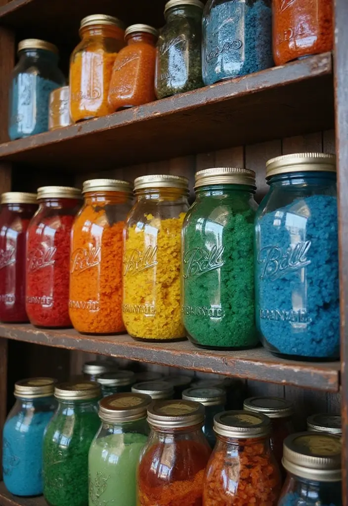 27 Industrial Wood And Metal Decor Ideas For Chic Spaces - 25. Multicolored Glass Jars