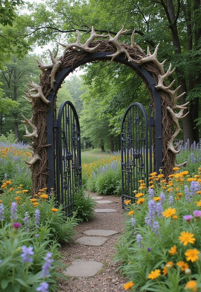 27 Metal Gate Decor Ideas For Outdoor Spaces - 13. Sculptural Gate with Antler Accents