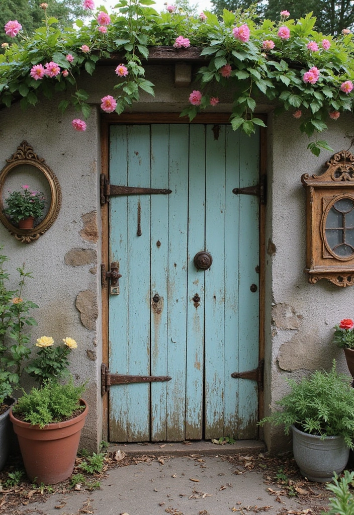 27 Metal Gate Decor Ideas For Outdoor Spaces - 22. Vintage Gate with Chippy Paint