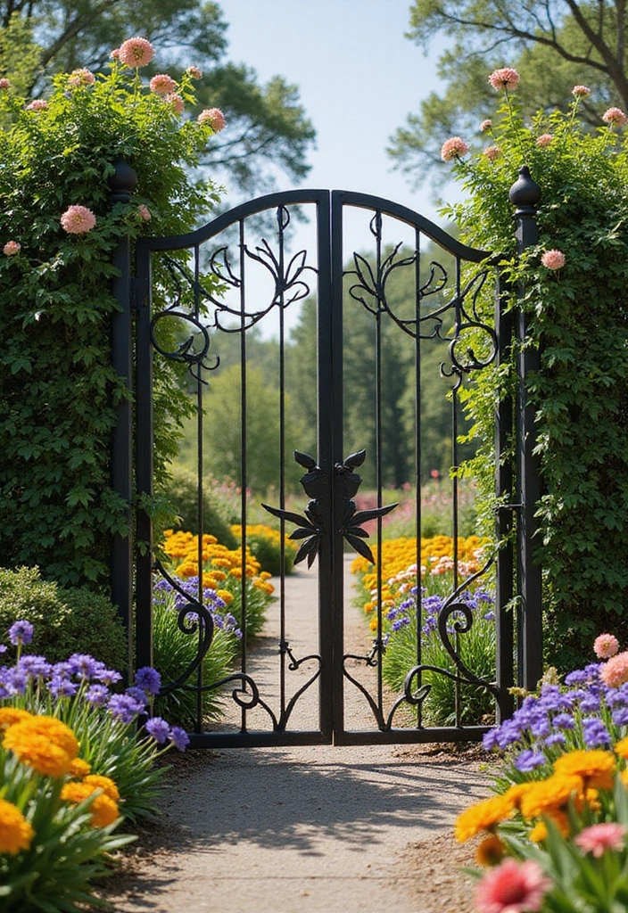 27 Metal Gate Decor Ideas For Outdoor Spaces - 26. Gate with Nature-Inspired Cutouts