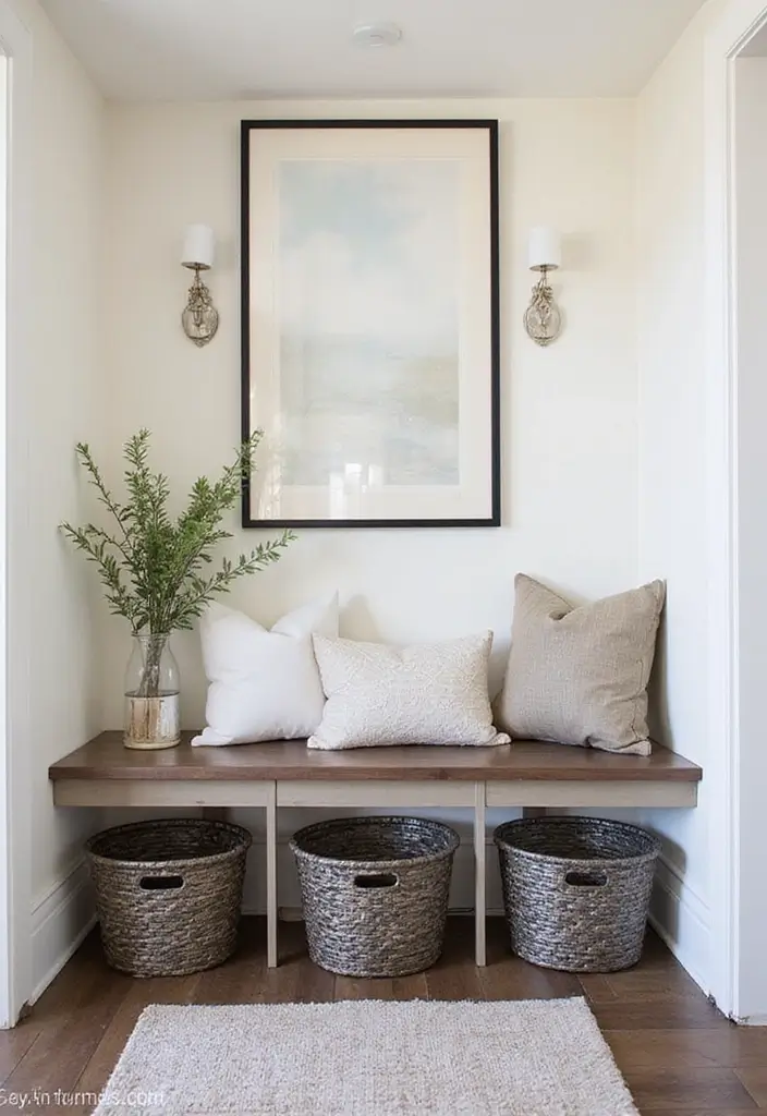 27 Modern Metal Basket Decor Ideas For Stylish Storage - 13. Elegant Entryway Seating