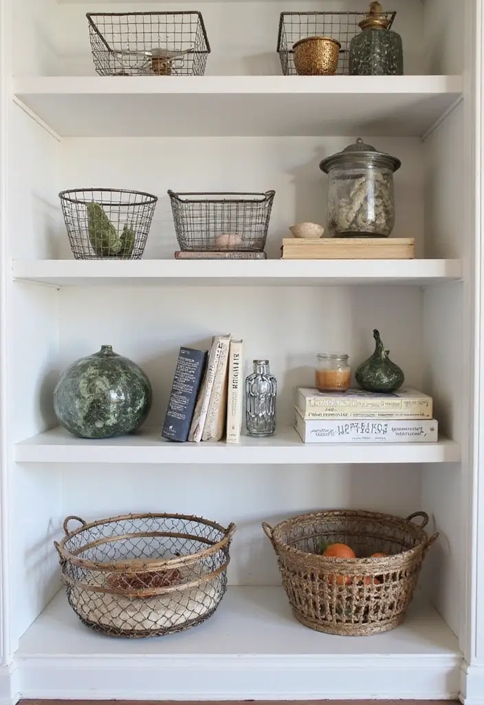 27 Modern Metal Basket Decor Ideas For Stylish Storage - 14. Modern Shelf Styling