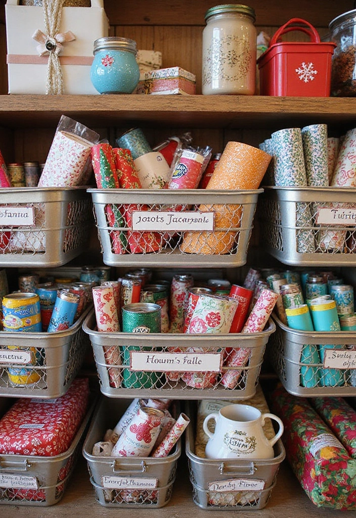 27 Modern Metal Basket Decor Ideas For Stylish Storage - 19. Chic Gift Wrapping Station