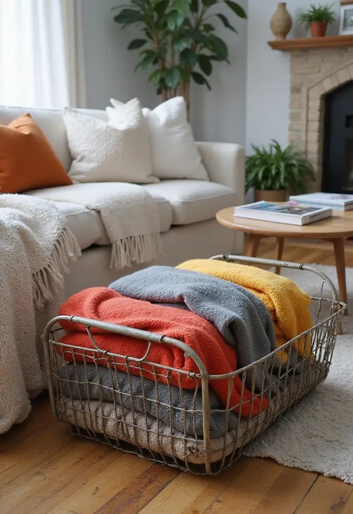 27 Modern Metal Basket Decor Ideas For Stylish Storage - 2. Cozy Living Room Storage