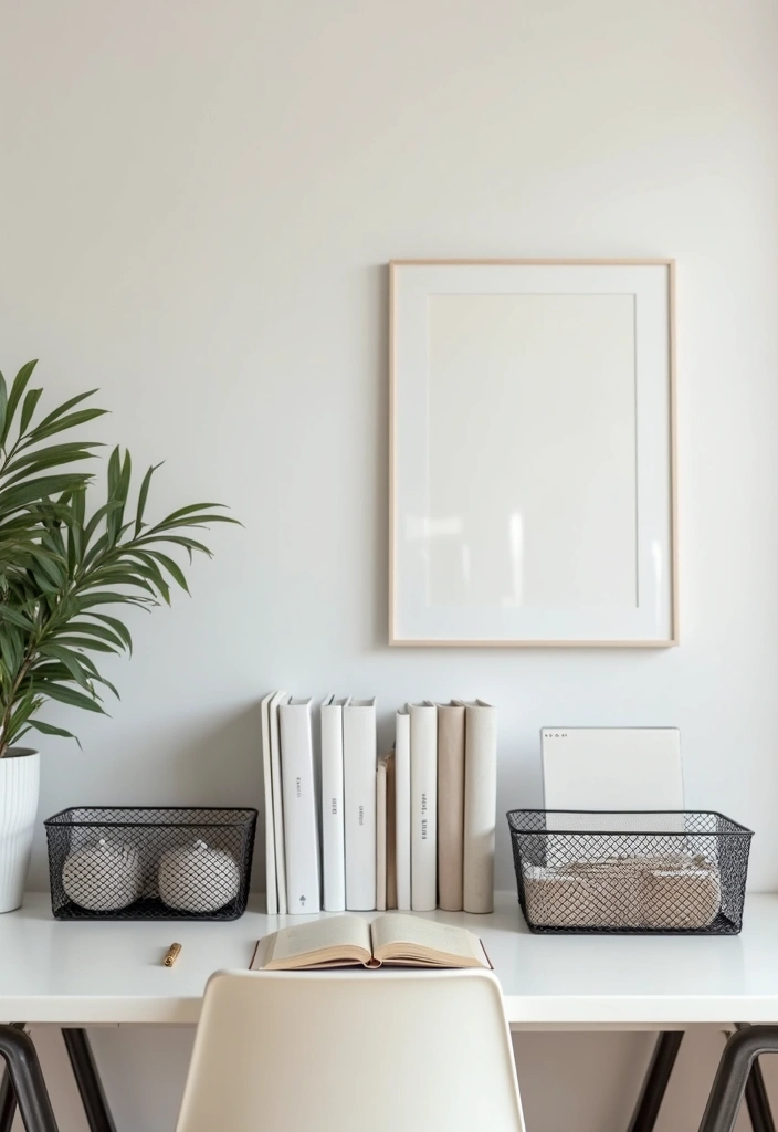 27 Modern Metal Basket Decor Ideas For Stylish Storage - 20. Minimalist Office Supplies