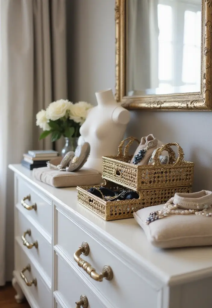 27 Modern Metal Basket Decor Ideas For Stylish Storage - 22. Glamorous Bedroom Touch