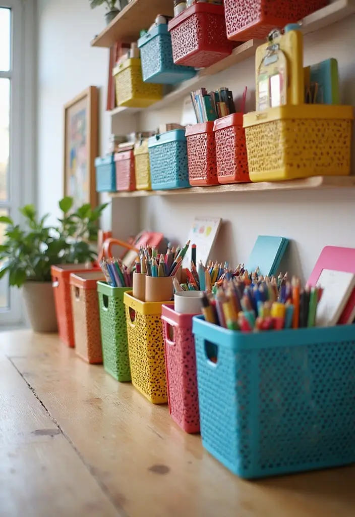 27 Modern Metal Basket Decor Ideas For Stylish Storage - 23. Playful Office Decor