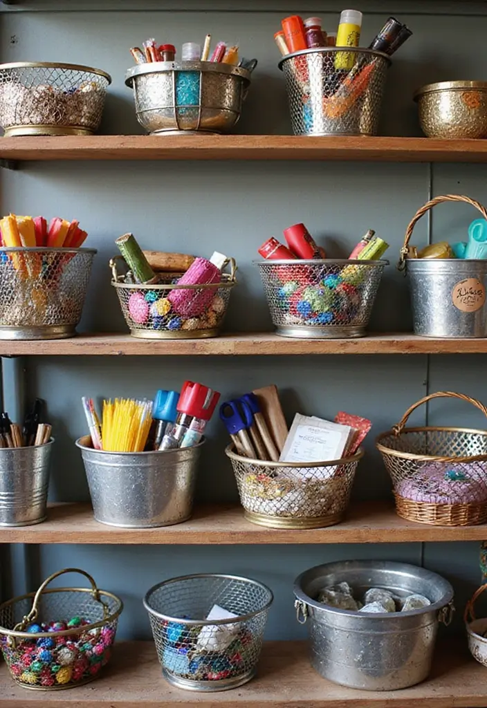 27 Modern Metal Basket Decor Ideas For Stylish Storage - 7. Craft Room Creativity