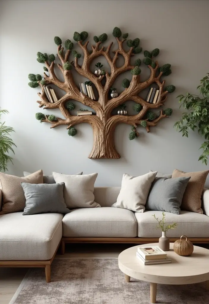 27 Rustic Metal Tree Decor Ideas That Inspire 21. Rustic Tree Wall Shelf 20251013 163408