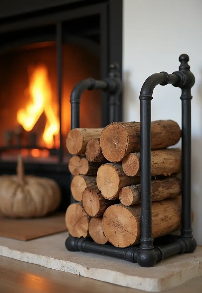 28 Creative Metal Pipe Decor Ideas For DIY Enthusiasts - 11. Pipe Firewood Holder