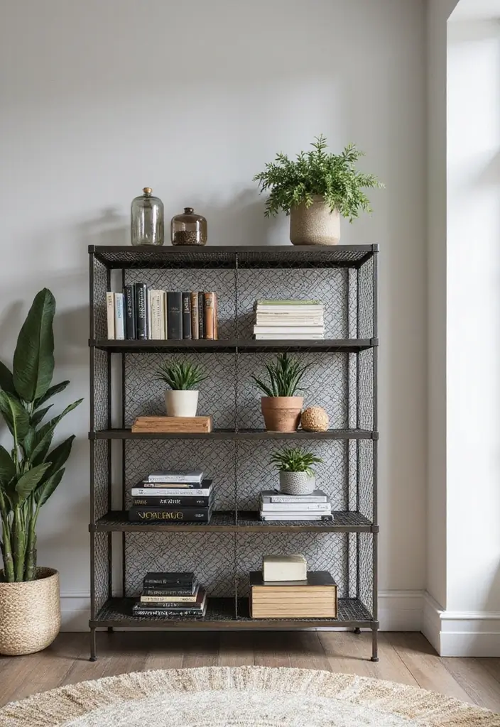 28 Home Decor Ideas With Metal Mesh For Industrial Style - 3. Metal Mesh Shelving Units