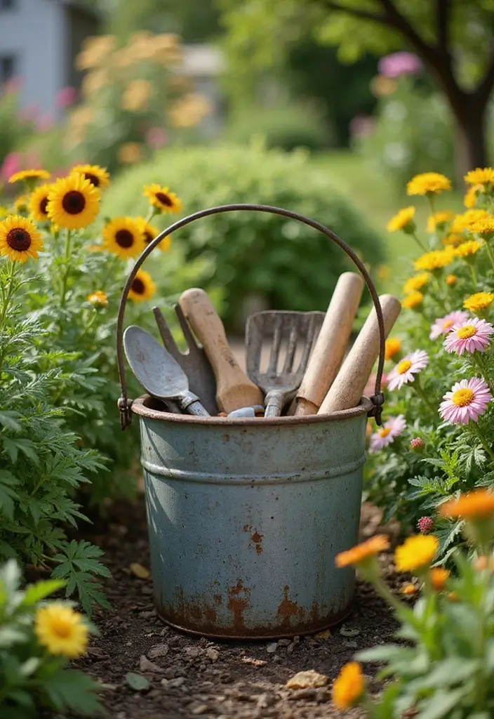 28 Metal Basket Decor Ideas In Farmhouse Style 14. Garden Tools Storage