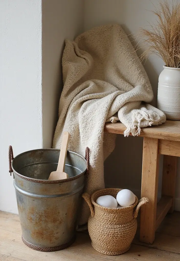 28 Metal Basket Decor Ideas In Farmhouse Style 23. Combining Textures