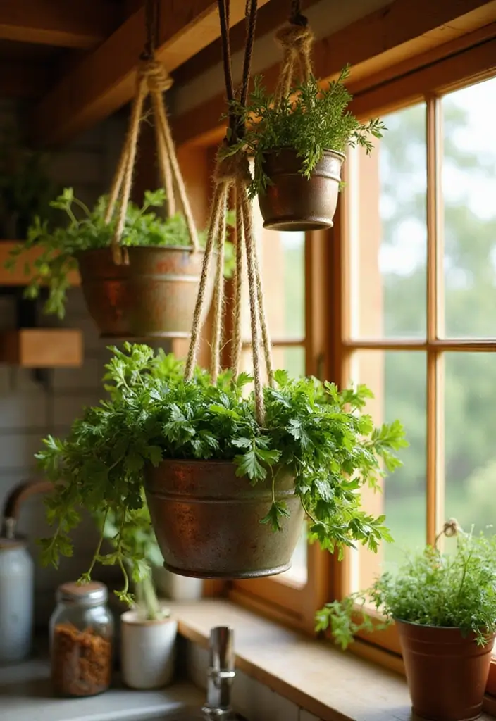 28 Metal Basket Decor Ideas In Farmhouse Style 4. Hanging Baskets for Herbs