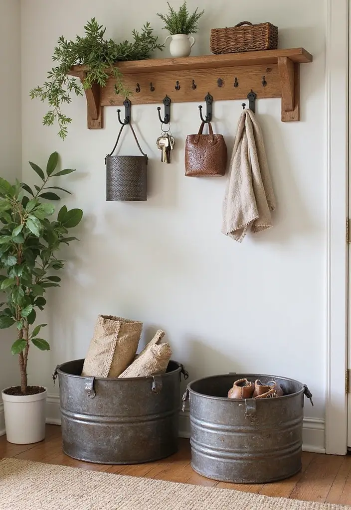28 Metal Basket Decor Ideas In Farmhouse Style 6. Entryway Organization