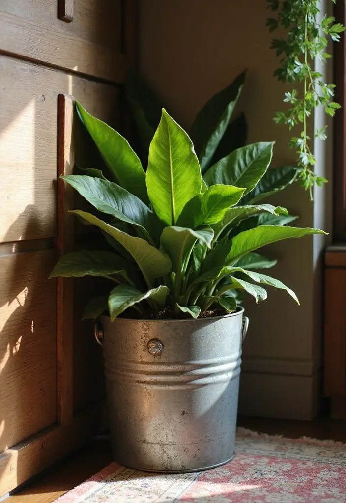 28 Metal Bucket Decor Ideas For Cozy Corners - 1. Potted Plant Holder
