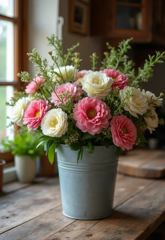 28 Metal Bucket Decor Ideas For Cozy Corners - 10. Flower Arrangement Holder