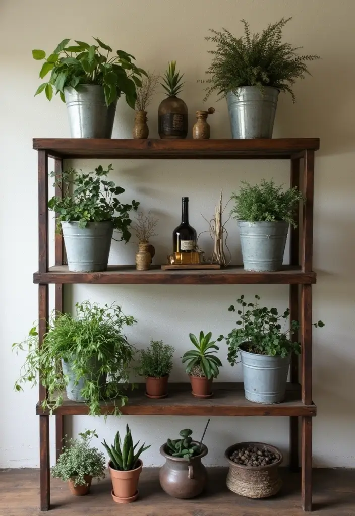28 Metal Bucket Decor Ideas For Cozy Corners - 14. Rustic Shelf Decor