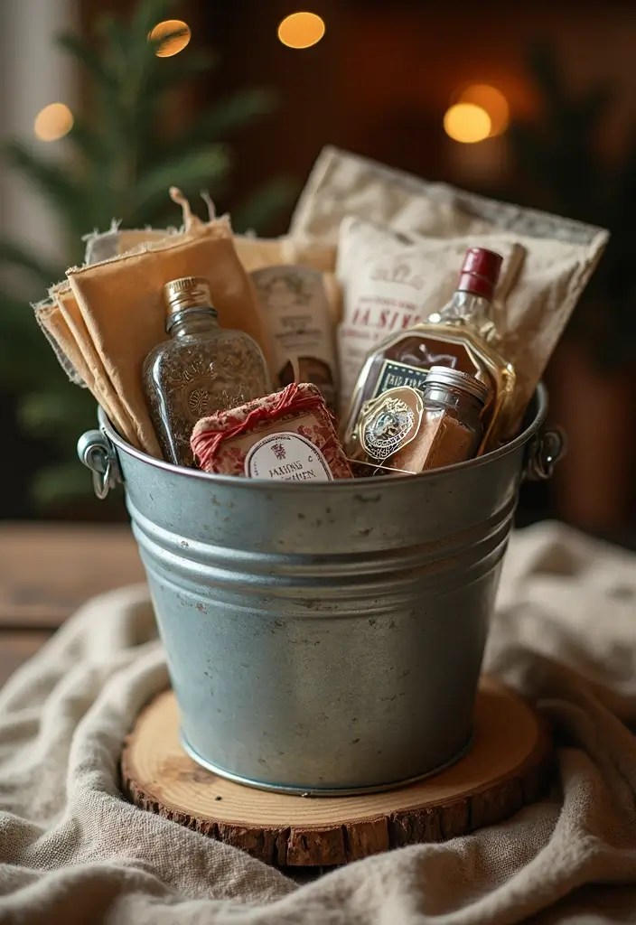 28 Metal Bucket Decor Ideas For Cozy Corners - 15. Unique Gift Basket