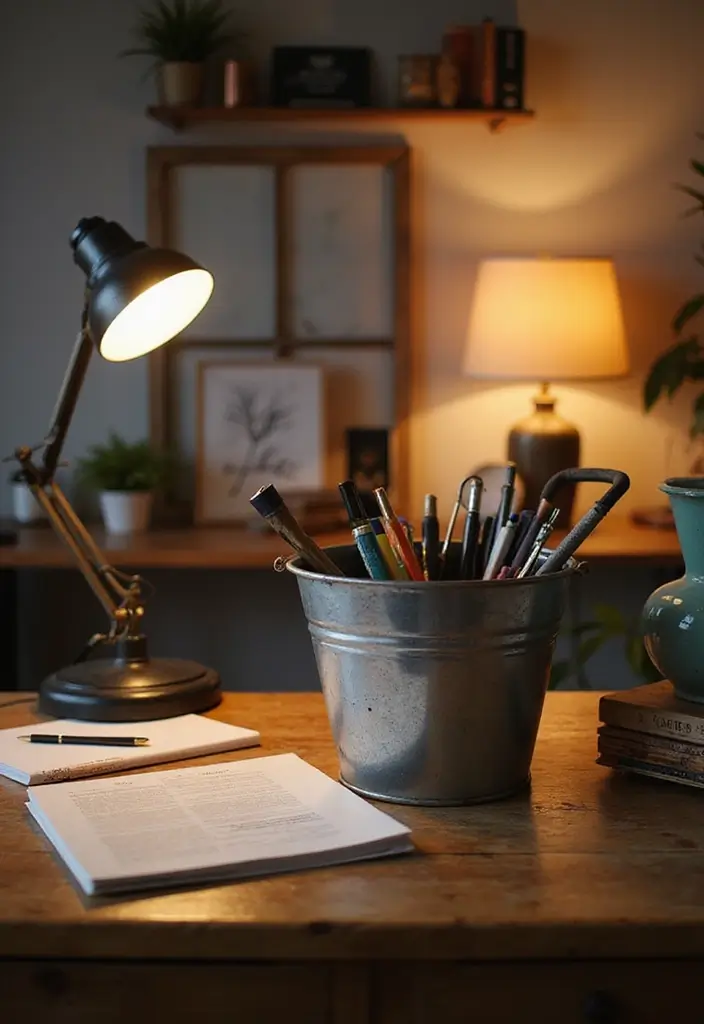 28 Metal Bucket Decor Ideas For Cozy Corners - 17. Desk Organizer
