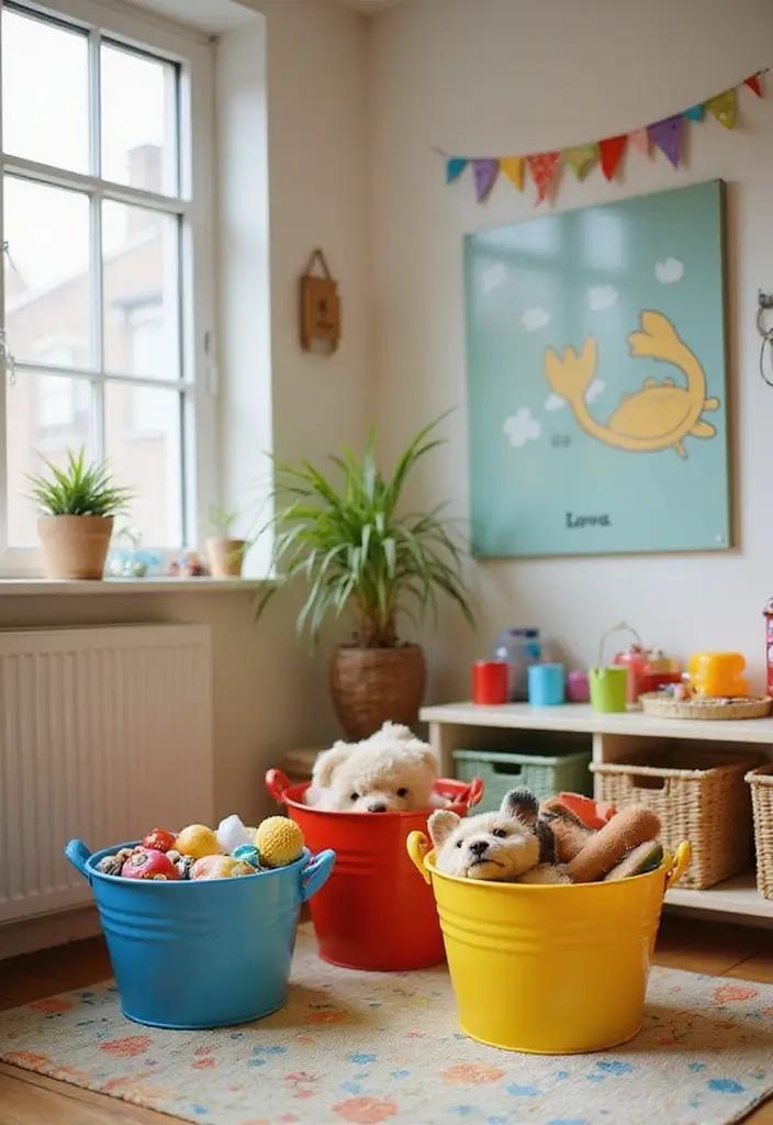 28 Metal Bucket Decor Ideas For Cozy Corners - 18. Kids' Playroom Fun