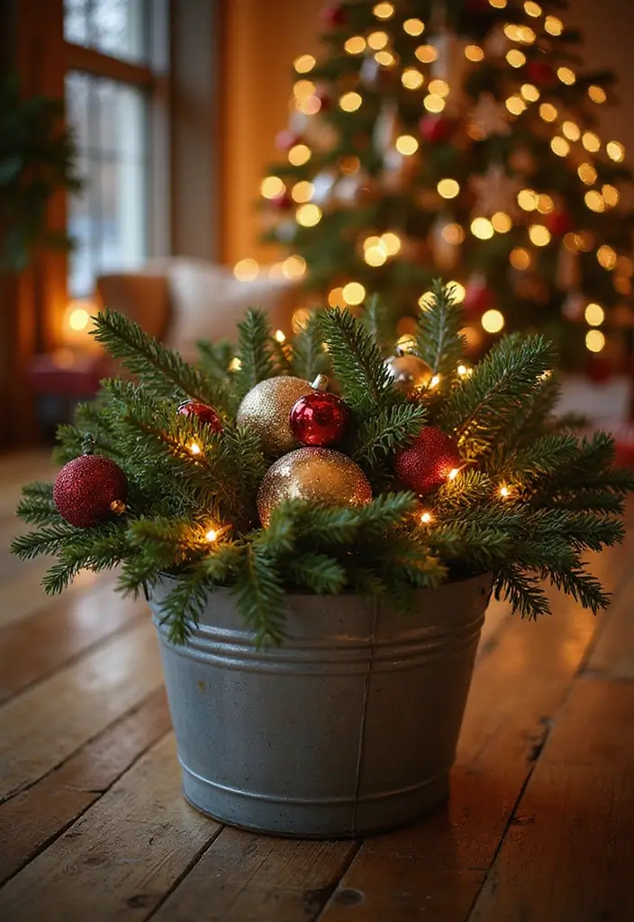 28 Metal Bucket Decor Ideas For Cozy Corners - 24. Festive Holiday Decor