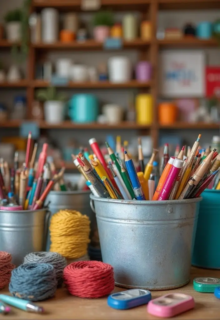 28 Metal Bucket Decor Ideas For Cozy Corners - 26. Crafting and Supplies Storage