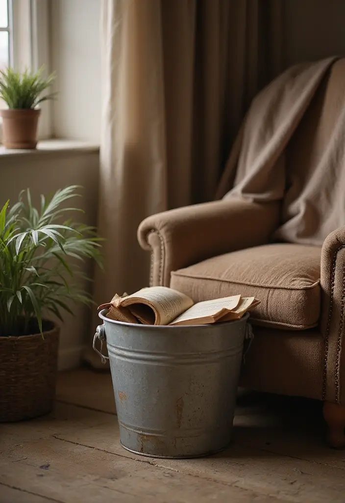 28 Metal Bucket Decor Ideas For Cozy Corners - 27. Cozy Reading Nook